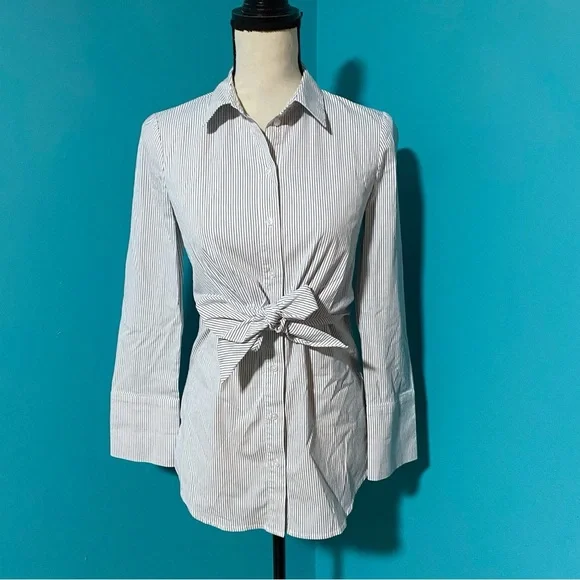 White House Black Market WHBM 0 Tie-Front Striped Button Down Tunic Top - Picture 2 of 5